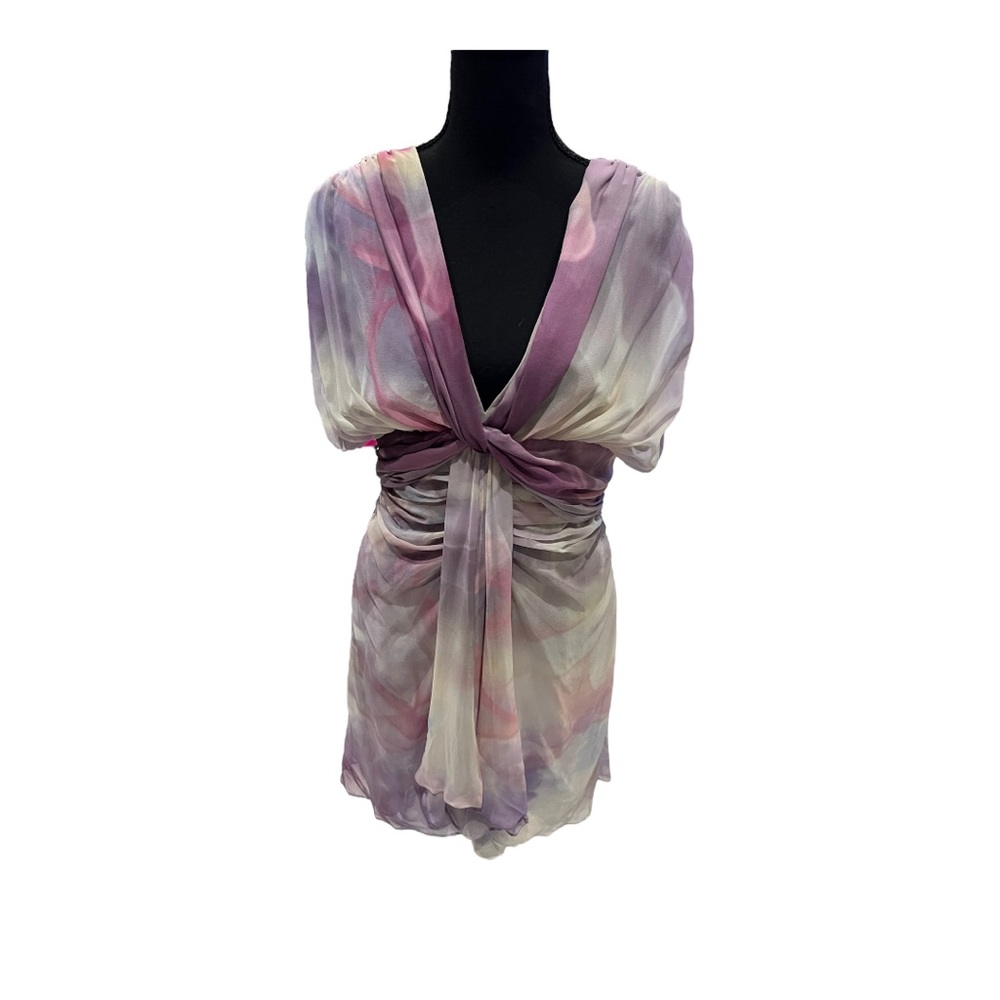 Roberto Cavalli Silk Abstract Print Mini Dress IT 42 US M Purple Lavender - Picture 2 of 9